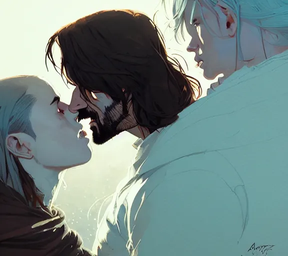 Prompt: portrait of aragorn kissing arven by atey ghailan, by greg rutkowski, by greg tocchini, by james gilleard, by joe fenton, by kaethe butcher, dynamic lighting, gradient light blue, brown, blonde cream and white color scheme, grunge aesthetic