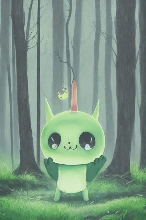 Image similar to A cute little monster in a misty forest art style by Mariko Mori, 4k, 8k