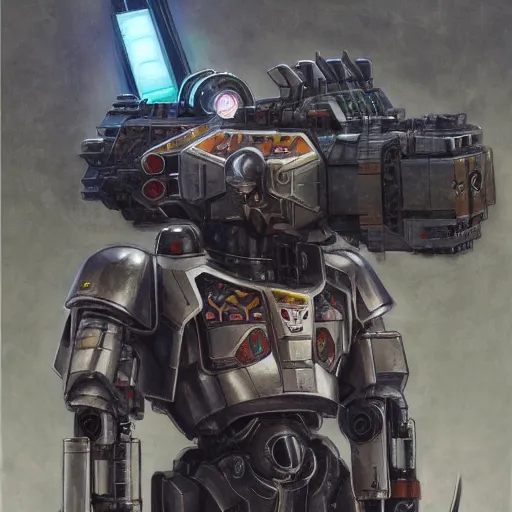 Image similar to cyborg mecha anthropomorphic shiba inu wearing warhammer 4 0 k emperor armor, realistic scifi cyberpunk, holding scifi neon laser gatling gun, portrait art by donato giancola and greg rutkowski, realistic face, digital art, trending on artstation, symmetry