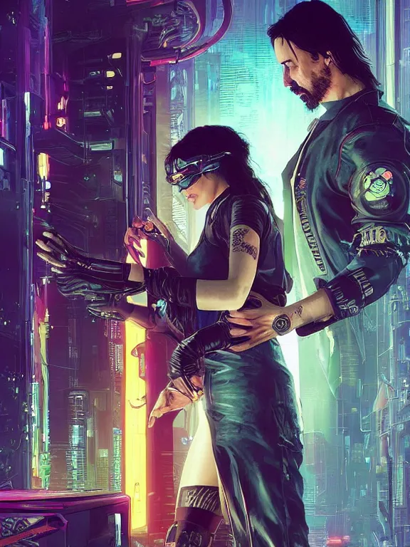 Prompt: a cyberpunk 2077 couple portrait of Keanu Reeves and V ,love story , lots of electric cable behind them connected to giant computer,film lighting,by laurie greasley,Lawrence Alma-Tadema,William Morris,Dan Mumford,trending on atrstation,FAN ART,full of color,Digital painting,highly detailed,8K, octane,golden ratio,cinematic lighting