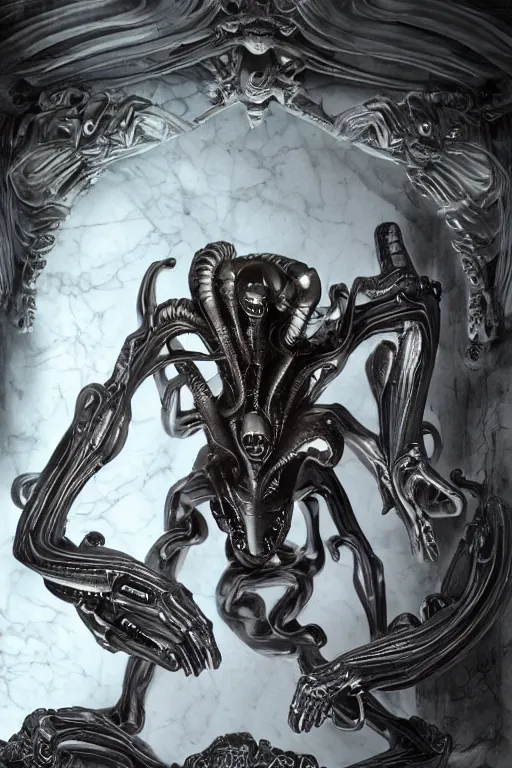 Image similar to engineer prometheus, xenomorph alien, highly detailed, symmetrical long head, smooth marble surfaces, detailed ink illustration, raiden metal gear, cinematic smooth stone, deep aesthetic, concept art, post process, 4k, carved marble texture and silk cloth, latex skin, highly ornate intricate details, prometheus, evil, moody lighting, hr geiger, hayao miyazaki, indsutrial Steampunk