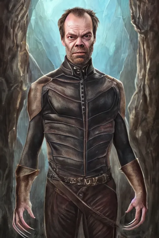 Prompt: a full body high detail fantasy portrait oil painting illustration of a Hugo Weaving as Wolverine by Justin Sweet with face and body clearly visible, in a scenic background, pupils visible, realistic proportions, artstation trending, high quality, sombre mood, artstation trending, muted colours, no crop, entire person visible!, natural light, dusty, Adobe Photoshop, Adobe Lightroom, photolab, Affinity Photo,