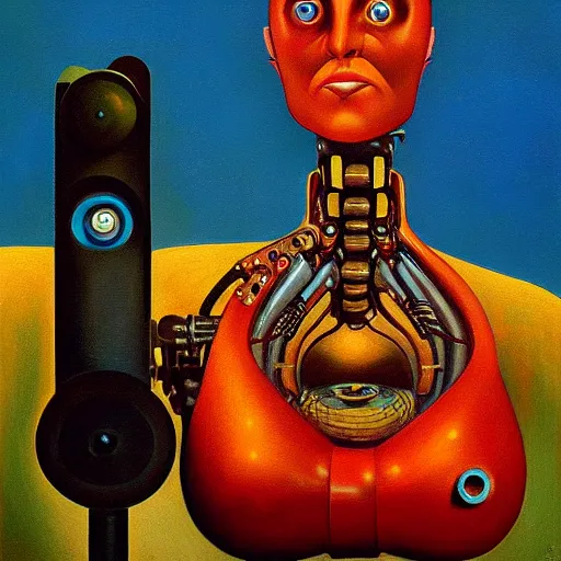 Image similar to biomechanical robot with soulful eyes portrait, lowbrow, pj crook, grant wood, edward hopper, oil on canvas