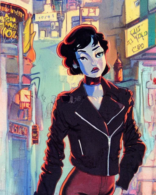 Image similar to young female protagonist in leather jacket, city street, artwork by ralph bakshi