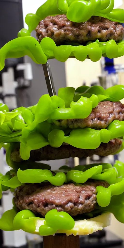 Image similar to a lab - grown cheese burger, growing right out of a hydroponic vine, amazing cheeseburger science garden