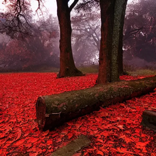 Prompt: leaves blow in the wind. a red glow rises from some ruins nearby.