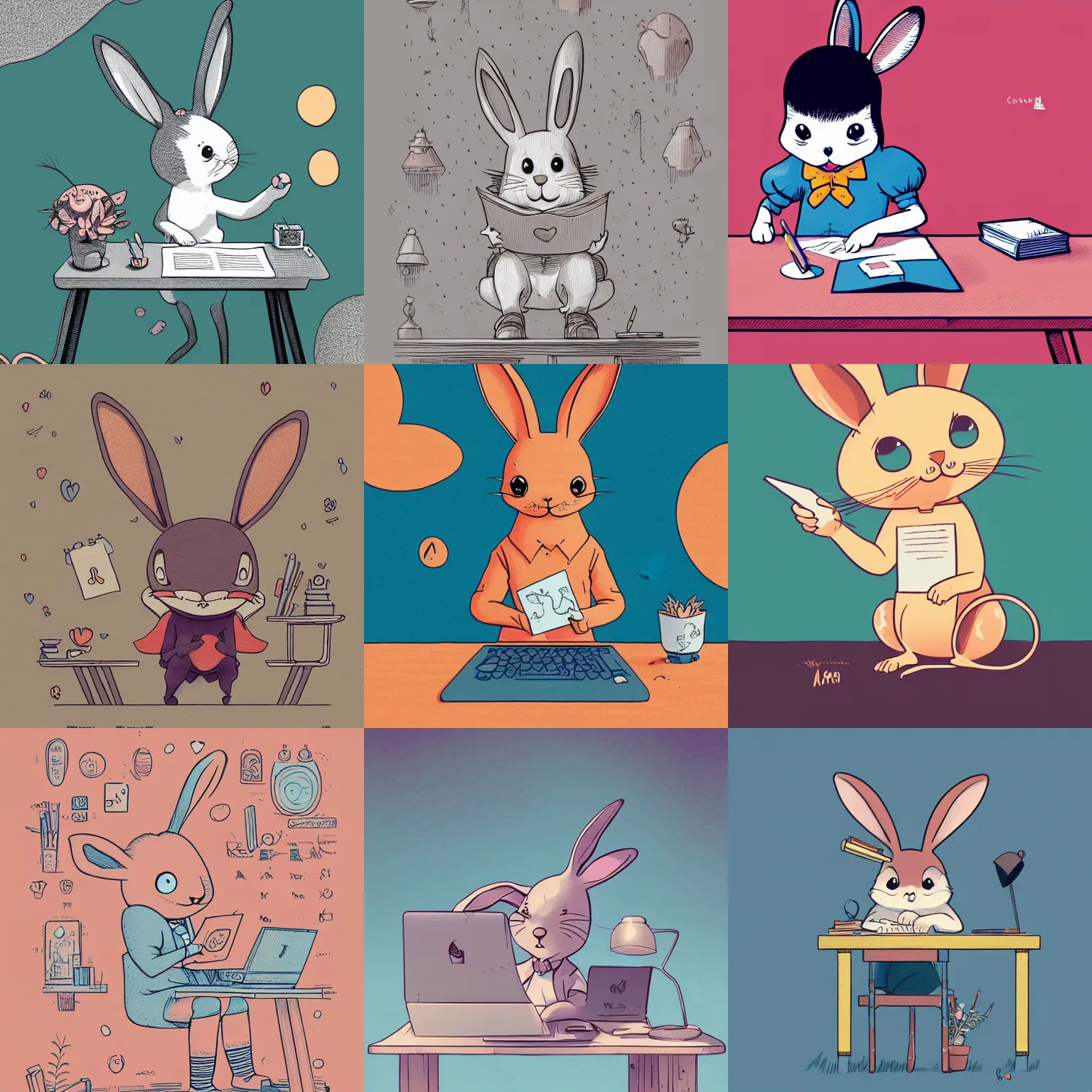 Prompt: a cute happy cartoon rabbit sitting at a desk writing on a paper, llustration, josan gonzales, wlop, james jean, Victo ngai, David Rubín, Mike Mignola, Hergé, Laurie Greasley, artgerm, highly detailed, sharp focus, Trending on Artstation, HQ, deviantart