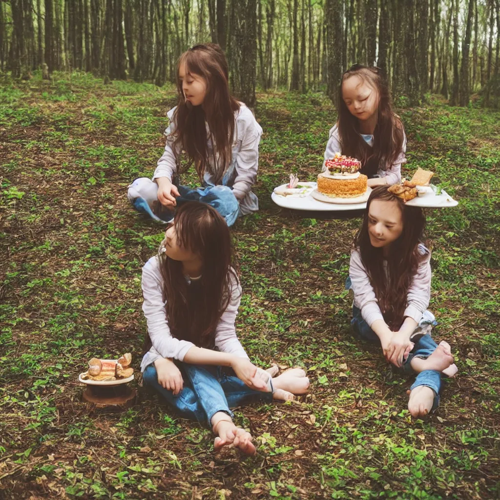 Image similar to a girl sitting in a forest, girl eating a piece of cake, sunny day, windy day, girl with clear beautiful face