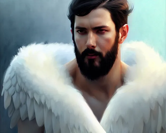 Prompt: male angel with white wings. realistic shaded lighting poster by ilya kuvshinov katsuhiro, magali villeneuve, artgerm, jeremy lipkin and michael garmash, rob rey and kentaro miura style, trending on art station