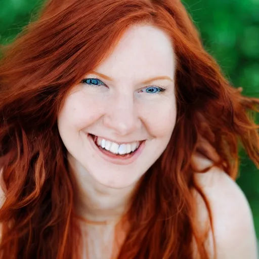 Prompt: close up shot of a beautiful woman with auburn hair and blue eyes, wearing a sundress, smiling at the camera, 4 k