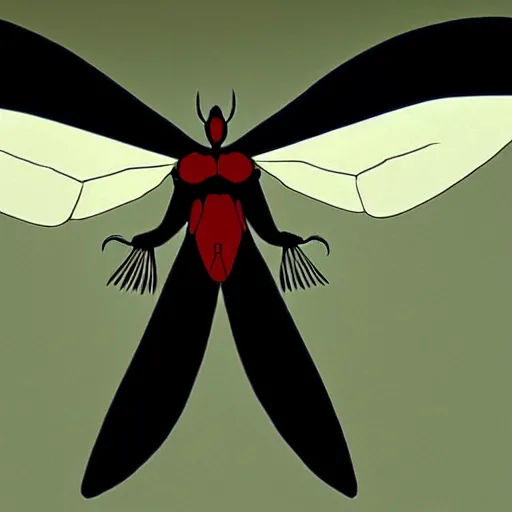 Image similar to photo of mothman with giant wings , cel animation by Manabu Oshashi and Satoshi Kon, professionally post-processed , beautiful, scary, symmetry accurate features, epic, octane rendered, anime masterpiece, accurate