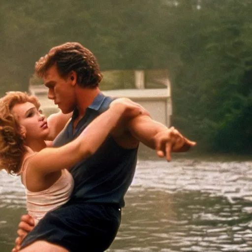 Prompt: dirty dancing poster with closeup portrait of arnold schwarzenegger dancing close with jennifer lawrence in the rain, 5 0 mm cinema shot, beautiful light, best lense, 9 0 s romantic movie, 4 k