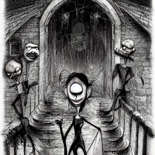 Image similar to grunge cartoon drawing of the end of the world by - michael karcz , in the style of corpse bride, loony toons style, horror themed, detailed, elegant, intricate