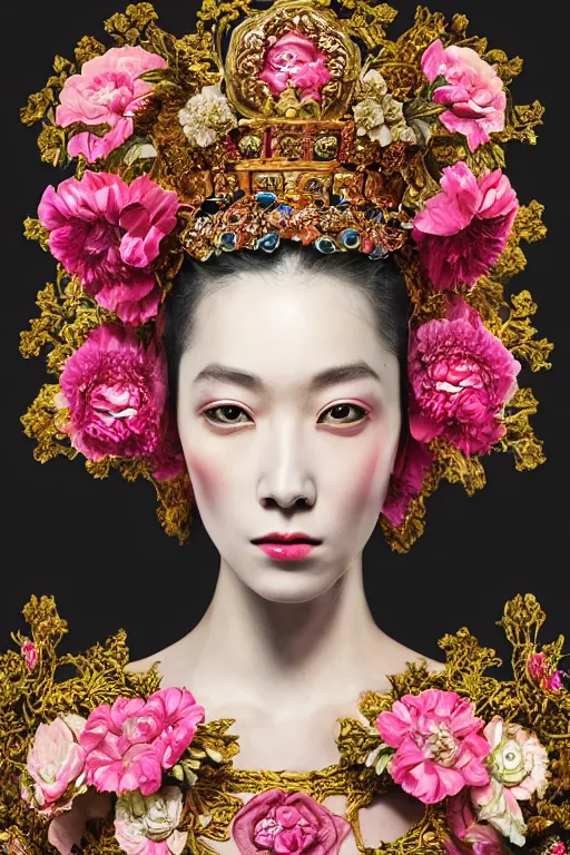 Image similar to a beautiful empress portrait, with a brilliant, impossible striking big flower headpiece, clothes entirely made out of flowers, symmetrical, dramatic studio lighting, rococo, baroque, jewels, asian, hyperrealism, closeup, D&D, fantasy, intricate, elegant, highly detailed, digital painting, artstation, octane render, 8k, concept art, matte, sharp focus, illustration, art by Artgerm and Greg Rutkowski and Alphonse Mucha