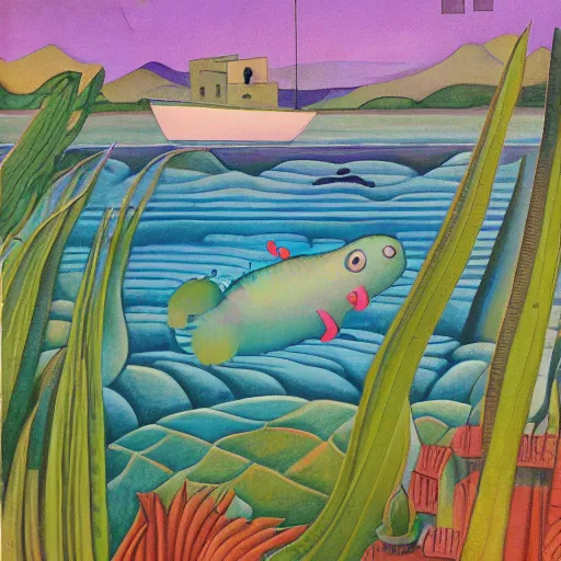 Prompt: axolotl swimming in a river with a quaint mexican village in the background painted by diego rivera