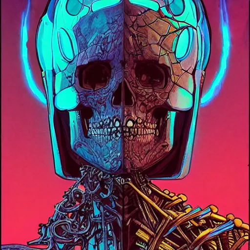 Image similar to portrait of a cybernetic evil undead skeleton sorcerer, cyberpunk concept art by josan gonzales and moebius and enki bilal and and dan mumford and jean claude meziere and philippe druilleg