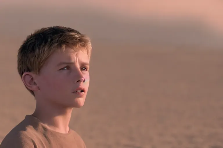 Image similar to a cinematic headshot portrait of a boy in the movie dune, in a serene vast desert, storm, dry, film still, cinematic, movie still, dramatic lighting, 1 6 : 9 ratio