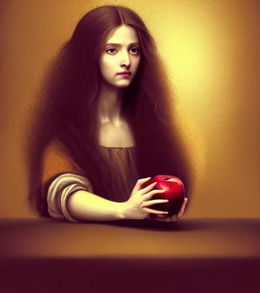 Prompt: portrait of a long - haired woman with a small apple sitting upon a table with heightened detail, poised, intense emotion, detailed facial expression, detailed surroundings, intricate, elegant, highly detailed, centered, digital painting, artstation, concept art, smooth, sharp focus, illustration, by ( leonardo da vinci ), wlop