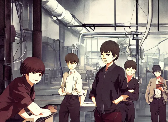 Prompt: anime visual, portrait of a young lenin in metal factory interior meeting with workers, cute face by ilya kuvshinov, yoshinari yoh, makoto shinkai, katsura masakazu, moody, dynamic perspective pose, detailed facial features, cel shade