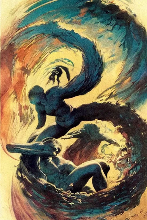 Image similar to dream filaments tightly spun into magical whirlpool of infinite crystalline spiral, illustration by frank frazetta