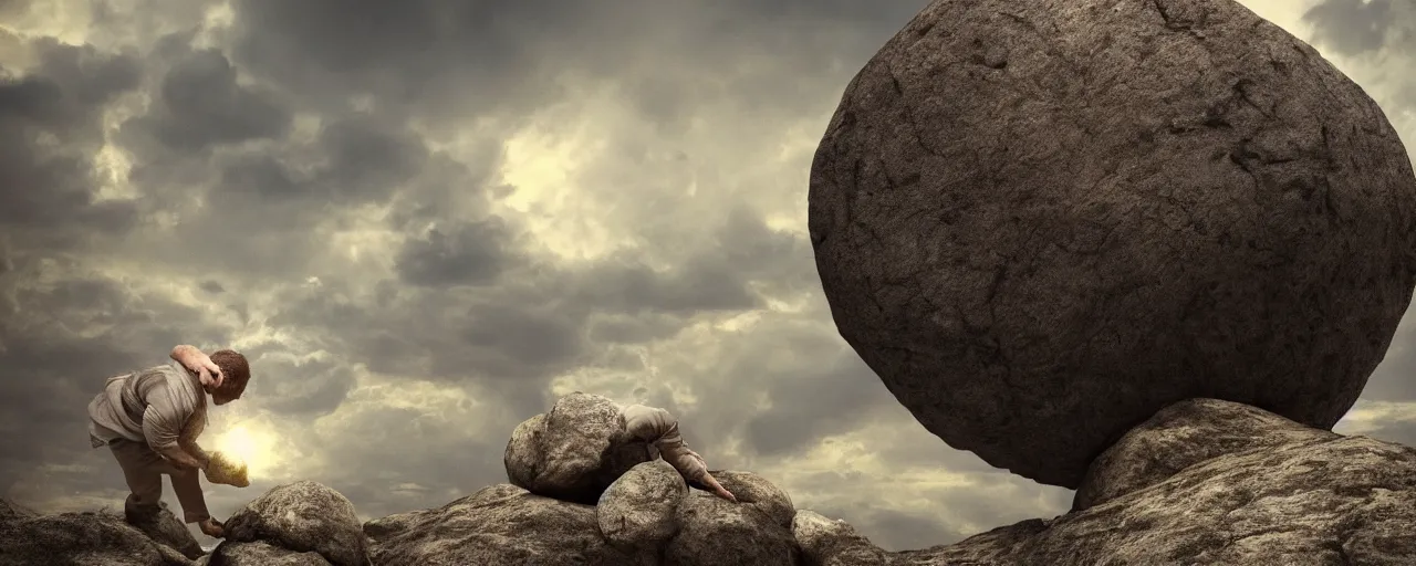 Image similar to Sisyphus pushing a large and round boulder up a mountain, the stone is rolling up, sisyphus looks tired and dejected, the mountain is steep, melancholic mood, photo realistic, 8k, HDR, ultra detailed, movie poster, trending on artstation