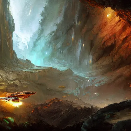 Image similar to detailed painting of a spaceship coming in to land close to a waterfall between two mountains, fantasy, high detailed, sabbas apterus