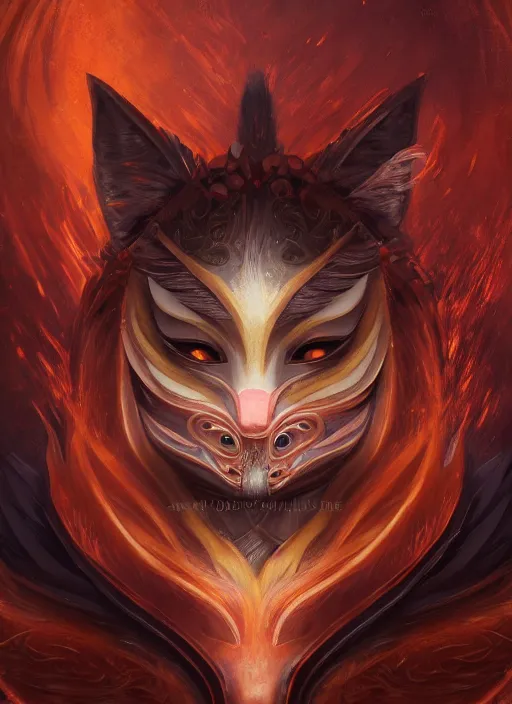 Prompt: a beautiful detailed oil on copper art illustration of a japanese kitsune samurai mask devil woman, centered, by charlie bowater, zeng fanzh, trending on artstation, dim dusk lighting, cinematic lighting, detailed lighting, volumetric lighting, realistic, f 8, 4 k hd wallpaper