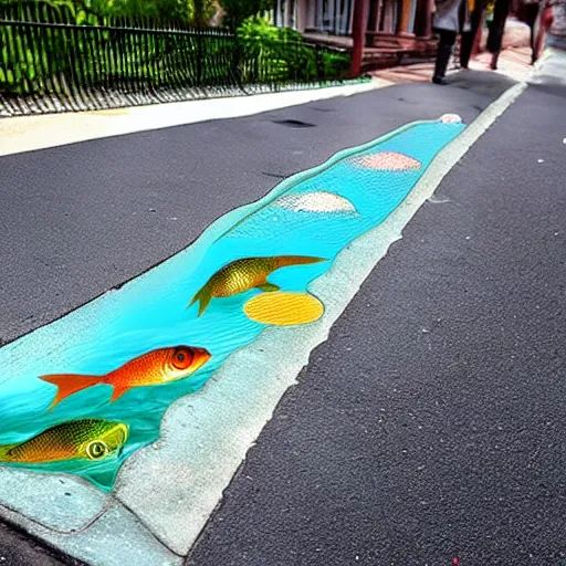 Image similar to a liquid sidewalk with a group of fish swimming inside it