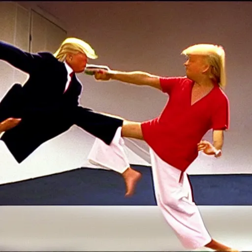 Image similar to donald trump as the karate kid, karate kid crane kick