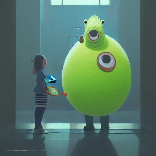 Image similar to highly detailed vfx portrait of a character of a tennis ball monster stephen bliss, chalk, unrealengine, greg rutkowski, loish, rhads, beeple, chalk, makoto shinkai and lois van baarle, ilya kuvshinov, rossdraws, tom bagshaw, basil gogos