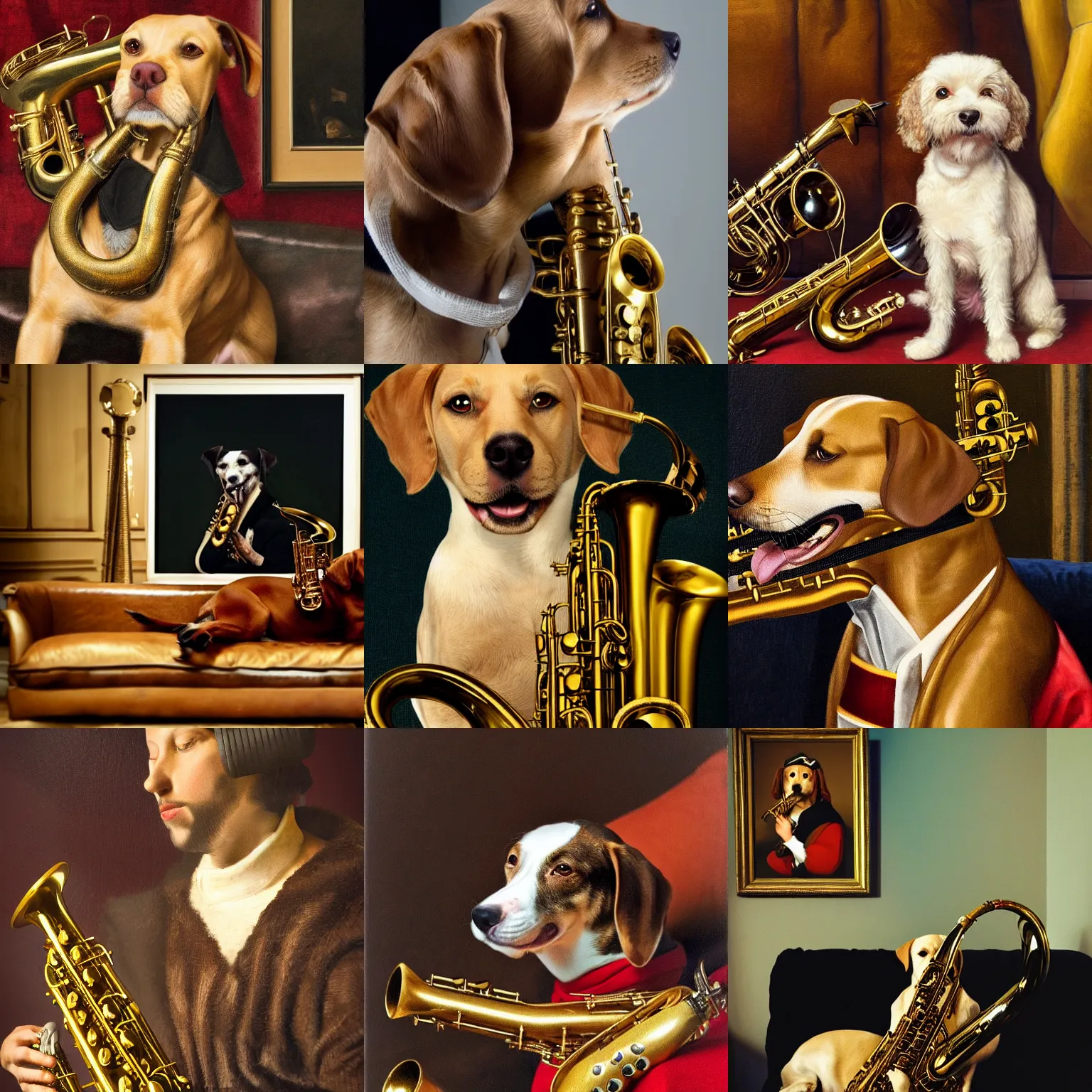 Prompt: dog with saxophone, sofa in the background, medieval portrait, close up