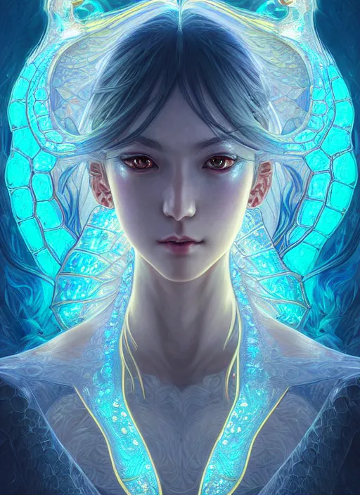Image similar to symmetry!! portrait of a water dragon woman, very anime, fantasy, dragon scales, glowing lights!! intricate, elegant, highly detailed, digital painting, artstation, concept art, official media, smooth, sharp focus, illustration, art by sakimichan and artgerm and greg rutkowski and alphonse mucha