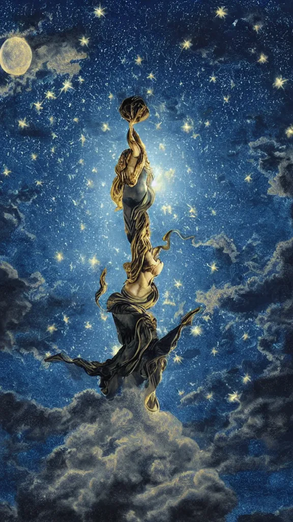 Image similar to sky in a starry night with glowing meteor showers, ascension of a woman decomposing and dissolving into moon, dark - blue black gold beige saturated, ornate baroque rococo art nouveau intricate detail, 3 d specular lighting, cinematic, blur