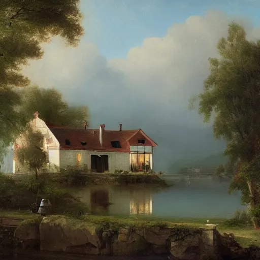 Image similar to a house by the lake painted by geoffroy thoorens