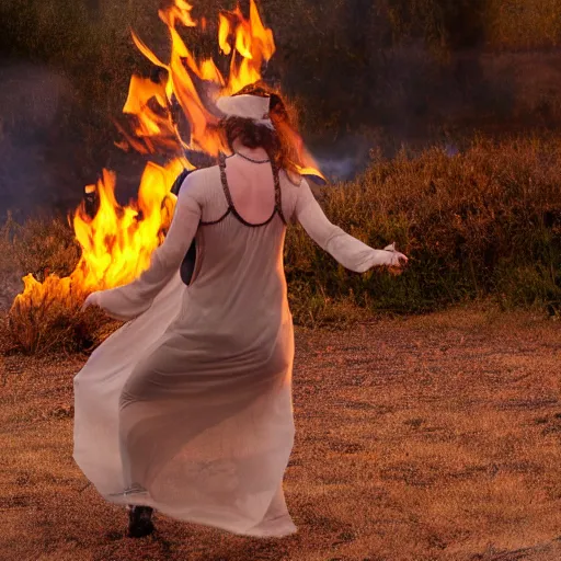Prompt: stone age woman dancing at the fire, transparent ghosts around, evening scene, 8K HD photo,