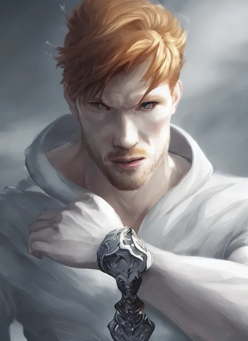 Image similar to a highly detailed illustration of short ginger haired man wearing white suit, dramatic holding grimoire pose, muscular, intricate, elegant, highly detailed, centered, digital painting, artstation, concept art, smooth, sharp focus, league of legends concept art, WLOP