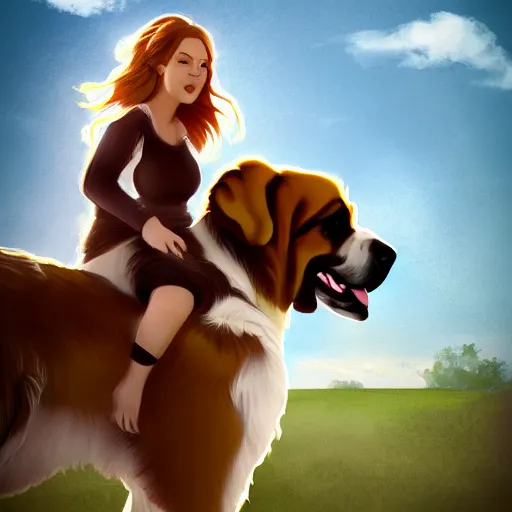 Image similar to girl riding a giant saint Bernard in the park, trending on artstation