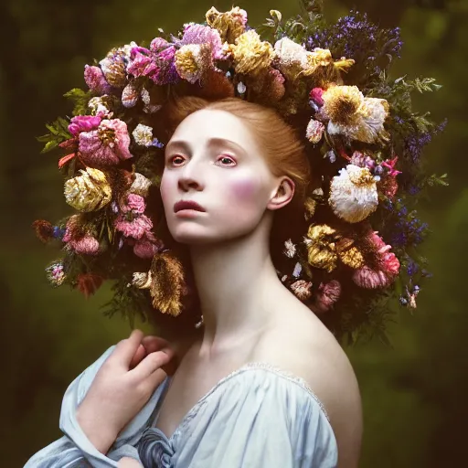 Prompt: photographic portrait of a stunningly beautiful english renaissance female dressed in wreaths of flowers, in soft dreamy light at sunset, beside the river, soft focus, contemporary fashion shoot, hasselblad nikon, in a denis villeneuve movie, by edward robert hughes, annie leibovitz and steve mccurry, david lazar, jimmy nelsson, hyperrealistic, perfect face