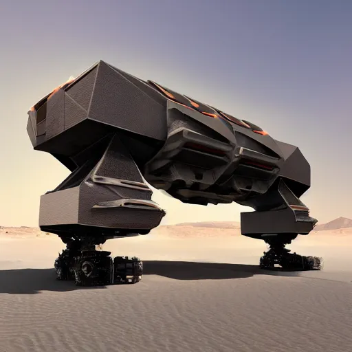 Image similar to Sci-Fi industrial futuristic futurism Brutalism brutalistic Angular huge huge carrying carrier vehicle desert