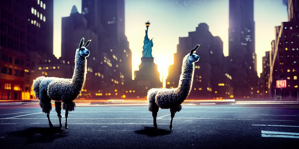 Image similar to a llama walking through a desolate manhattan city street at night, statue of liberty seen in the background, realistic 4 k octane beautifully detailed render, 4 k post - processing, highly detailed, detailed face, intricate complexity, epic composition, magical atmosphere, cinematic lighting, masterpiece, color picture, ultra hd