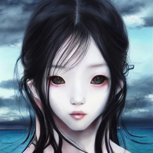 Image similar to style of Guo Hua ,young vampire and her black cat Portrait by Miho Hirano, full body , realistic, detailed, white, light pink tonalities, beautiful collage technique including clouds, sea, wind, ornate sea background, beautiful Fantasy detailed trending on artstation, oil painting,Dramatic lighting, eterea , high quality print, fine art with subtle redshift rendering