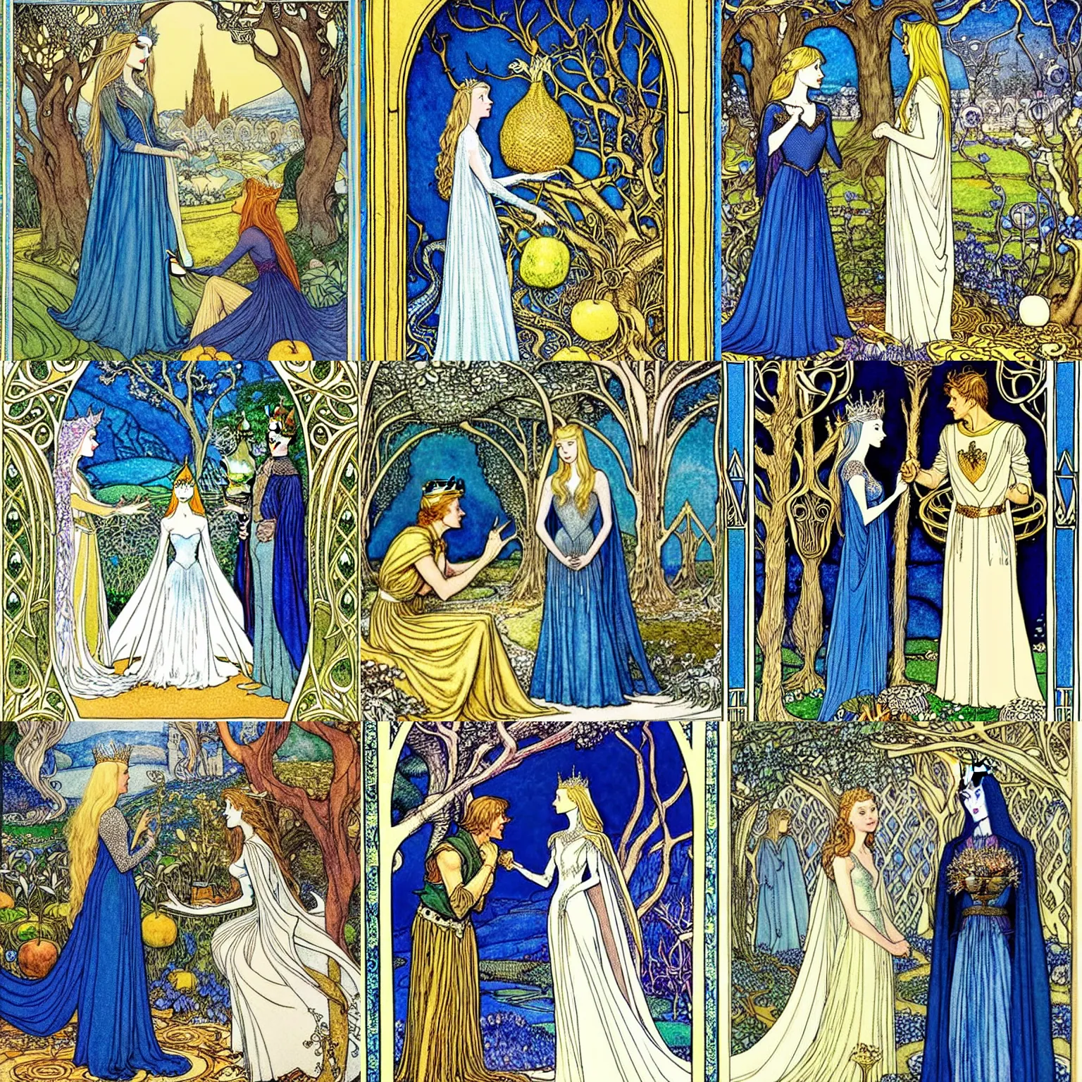 Prompt: Queen Galadriel meets with Prince Charming, the background is a tree with golden apples, detailed, blue tones, silver, romantic, intricate fairy tale illustration from an old book by Walter Crane, Florence Harrison, Arthur Rackham, Patrick McHale and Katalin Szegedi