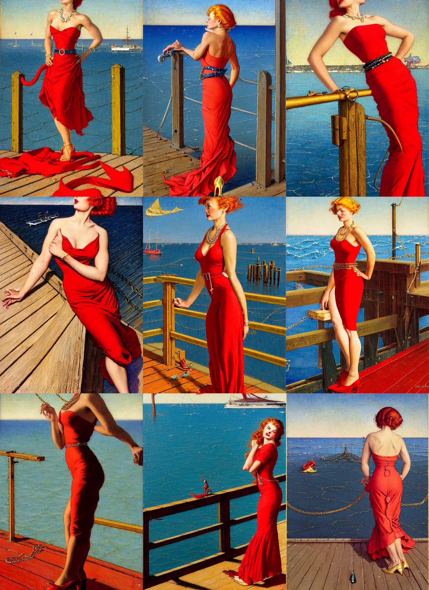 Prompt: a fancy beautiful young lady standing on a wharf at the edge of the sea, very tight gold chain belt, stylish heels, beautiful hair, red dress, by brom and gil elvgren and jean delville and william blake and norman rockwell and michael whelan, crisp details, hyperrealism, high detail, high contrast, low light