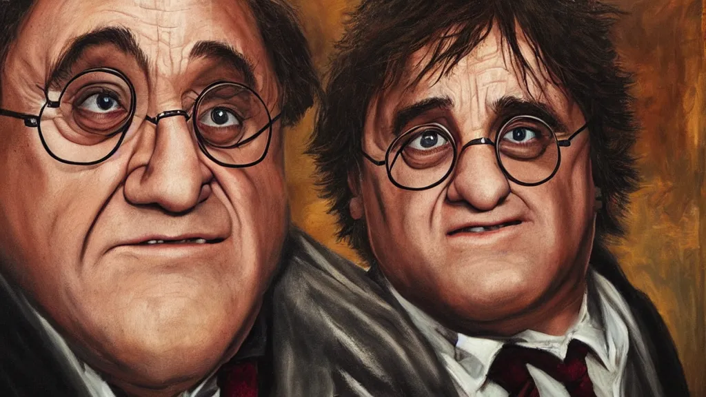 Image similar to Harry Potter played by Danny DeVito, oil painting