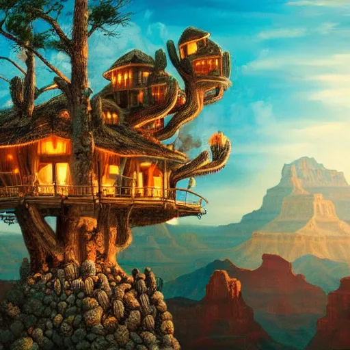 Prompt: fancy treehouse mansion built in a giant cactus on top of plateau overlooking grand canyon detailed luminescent magical realism 4 k painting