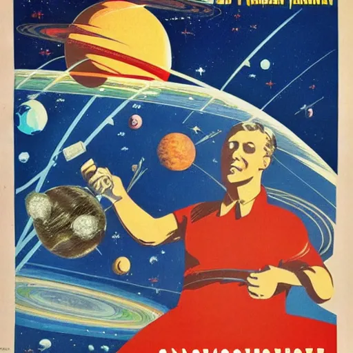 Image similar to soviet propaganda poster of colonization of the solar system