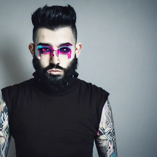 Image similar to bust portrait of handsome proud man mid 3 0 s with short black hair with grey hair, piercing in eyebrow, very short full beard, cyberpunk, fashion editorial photography, neon color scheme, waist up, low angle