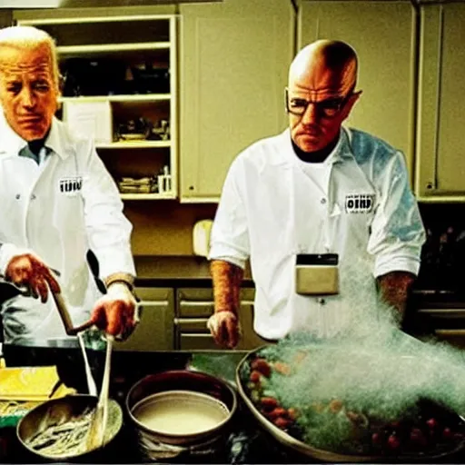 Image similar to “Very photorealistic screenshot of Joe Biden and Walter White cooking drugs in an episode of Breaking Bad, atmospheric lighting, award-winning”