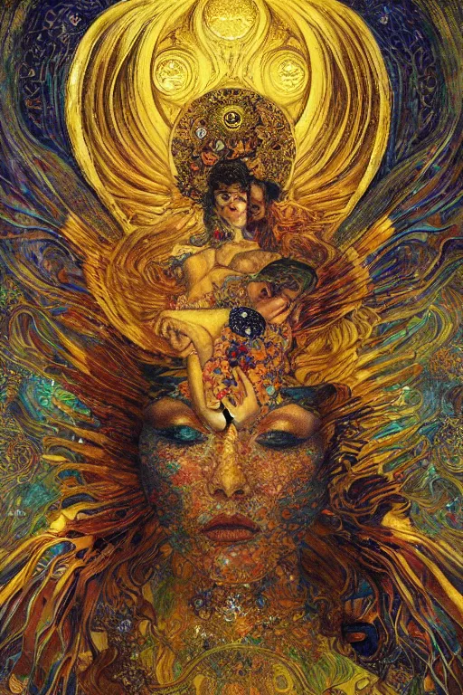 Prompt: Visions of Paradise by Karol Bak, Jean Deville, Gustav Klimt, and Vincent Van Gogh, visionary, otherworldly, dreamscape, radiant halo, fractal structures, infinite angelic wings, ornate gilded medieval icon, third eye, spirals, heavenly spiraling clouds with godrays, airy colors