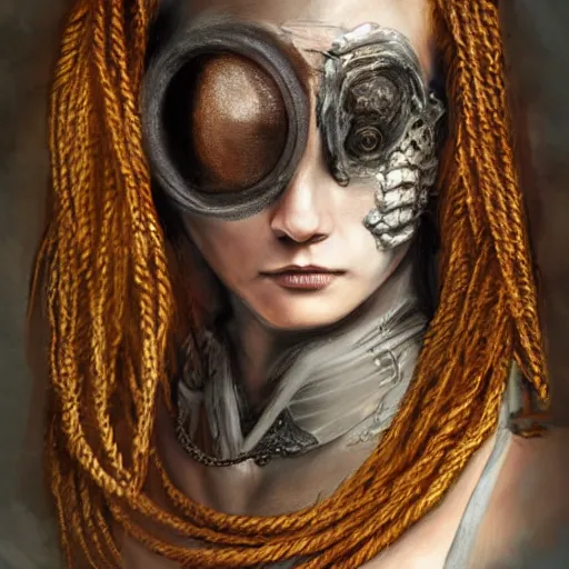 Image similar to portrait of a Shibari rope wrapped face and neck, headshot, insanely nice professional hair style, dramatic hair color, digital painting, of a old 17th century, old cyborg merchant, amber jewels, baroque, ornate clothing, scifi, realistic, hyperdetailed, chiaroscuro, concept art, art by Franz Hals and Jon Foster and Ayami Kojima and Amano and Karol Bak,